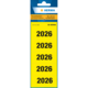 Gelbe Etiketten mit schwarzem Text, beschriftet mit "2026", in einer Packung mit fünf Bögen à 20 Stück.