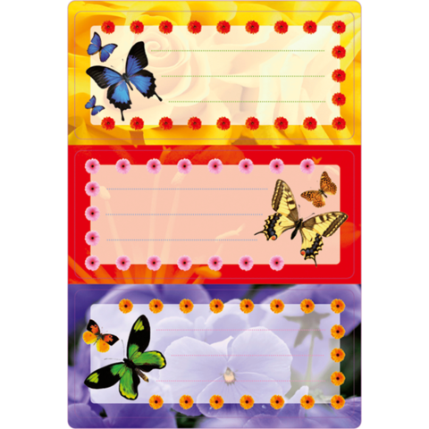 Drei bunte Etiketten mit Schmetterlingen und Blumenrahmen in Gelb, Rot und Lila, jeweils mit Platz für Text.