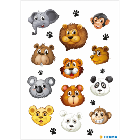 Eine Sammlung von Tiergesichtern, darunter ein Elefant, Löwe, Koala, Panda und Affe, umgeben von Pfotenabdrücken.