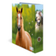 A folder with pictures of two horses, one brown and one gray, in front of a green meadow.