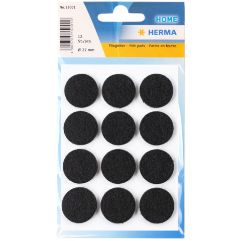 Schwarze Filzgleiter in einer Verpackung mit 12 runden Pads, Durchmesser 22 mm, geeignet für Möbel oder Bastelprojekte.