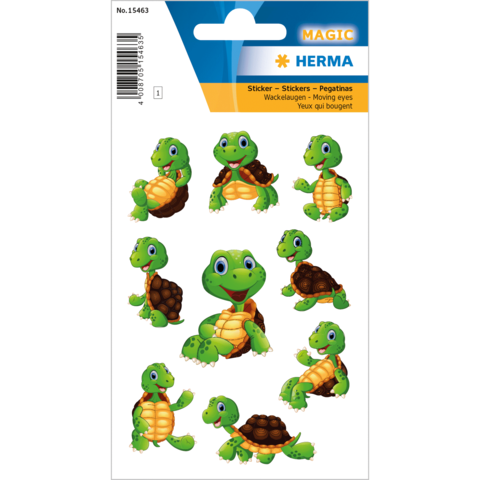 Aufkleber mit verschiedenen niedlichen Schildkrötenmotiven, einige mit wackelnden Augen, in lebendigen Farben.