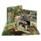 Ein aufgeschlagenes Buch mit Fotos von verschiedenen Wildtieren, darunter Eichhörnchen, Waschbären, Vögel und andere Tiere in natürlichen Umgebungen.