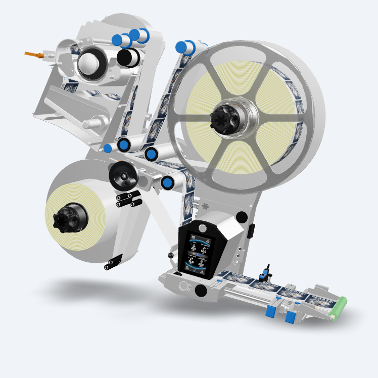 Technical representation of a labelling machine featuring rollers, drive mechanisms, and control elements in a modern design.
