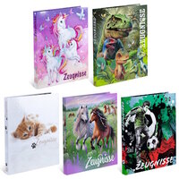 Six colorful binders featuring various designs, including unicorns, dinosaurs, animals, and soccer, labelled 'Certificates.