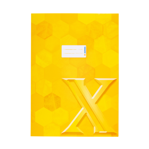 Gelbes Heft mit einem hexagonalen Muster und einem großen, hervorgehobenen Buchstaben "X" auf der Vorderseite.