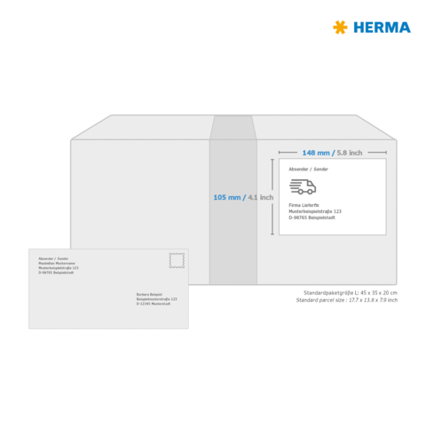 Versandkarton mit Absender- und Empfängeradresse, Maße und Standardpaketgröße angegeben. Logo von HERMA oben rechts.