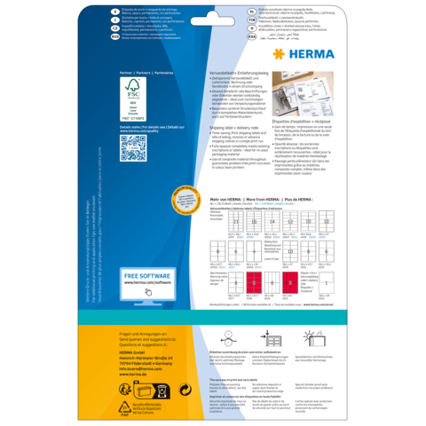 Verpackungsrückseite mit Informationen zu HERMA Produkten, einschließlich Anweisungen, QR-Code und Softwarehinweis.