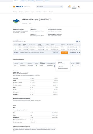 Product details for HERMAwhite super (240)/62D/523, including application instructions and technical specifications.