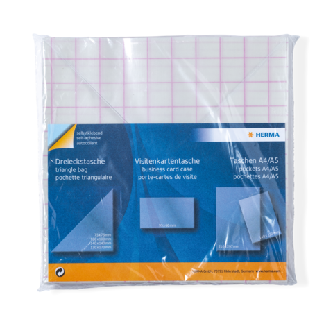 Dreieckstasche und Visitenkartentasche in einer transparenten Verpackung, mit Maßangaben und Produktinformationen auf der Vorderseite.