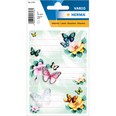 Colorful labels featuring butterflies and floral designs, perfect for labeling and decoration.