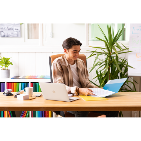 Ein junger Mann sitzt an einem Schreibtisch, arbeitet mit einem Laptop und blättert durch Dokumente in einer Ordner. Pflanzen und farbige Aktenordner sind im Hintergrund.