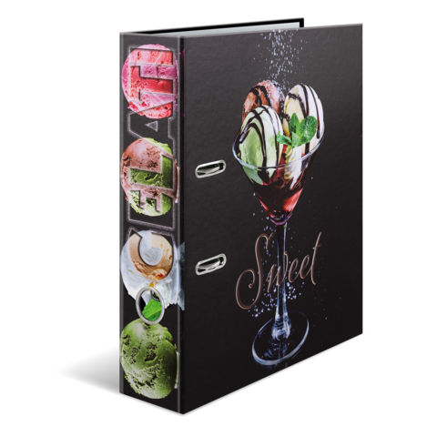 Ein Menüordner mit Bildern von verschiedenen Eissorten und einem Dessert in einem Glas, beschriftet mit "Sweet".