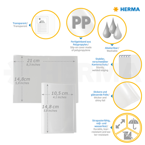 Transparent polypropylene sleeves in various sizes, washable and durable, with sturdy edges and a glossy surface.