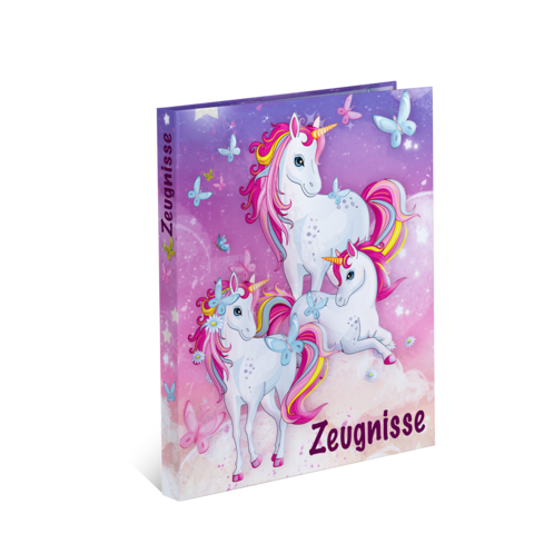 A colorful notebook featuring unicorns and butterflies against a pastel background. The title 'Certificates' is clearly visible.
