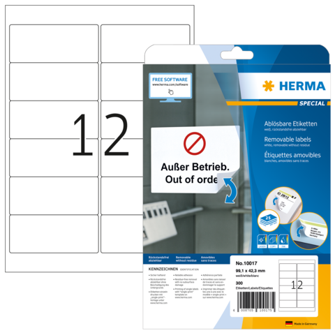 Packung mit ablösbaren Etiketten, die die Nummer 12 zeigt. Auf der Rückseite Hinweise zur Verwendung und Software.