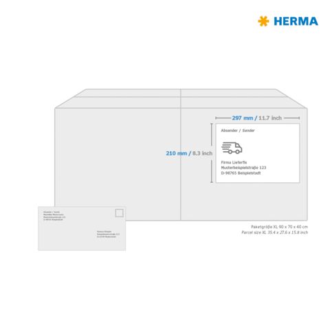 Paketgröße XL mit Abmessungen 297 mm x 210 mm, inklusive Adressfeld für Absender und Empfänger.