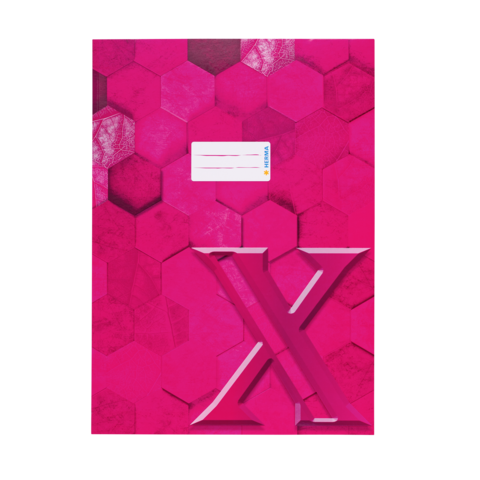 Rosa Notizbuch mit hexagonalen Mustern und einer großen, hervorgehobenen "X"-Grafik auf der Vorderseite.