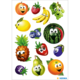 Bunte, cartoonartige Obstaufkleber mit lächelnden Gesichtern, darunter Äpfel, Bananen, Trauben, Wassermelonen und mehr.