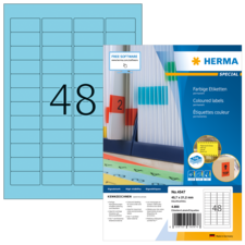Farbige Etiketten auf einem Blatt mit 48 Etiketten. Verpackung zeigt Produktdetails und Anwendungshinweise.