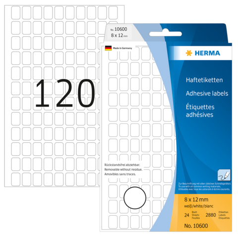 Haftetiketten in weiß, 8 x 12 mm, 2880 Stück, verpackt in einer blauen Box mit der Aufschrift "HERMA" und der Produktnummer 10600.