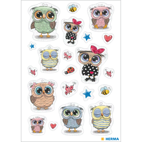 Bunte Aufkleber mit verschiedenen Eulen in unterschiedlichen Farben und Designs, umgeben von kleinen Insekten und Sternen.
