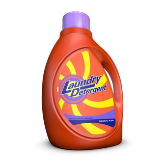 Detergent in an orange bottle with a purple cap, labelled 'Laundry Detergent' and featuring a note about the original scent.