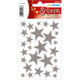 Glitzernde Sternaufkleber in verschiedenen Größen auf einem bunten Hintergrund, verpackt in einer transparenten Folie.