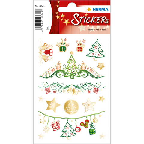 Weihnachtliche Aufkleber mit Tannenbäumen, Geschenken, Sternen und Glocken in verschiedenen Farben auf einem Bogen.