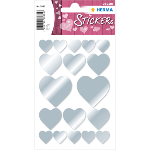 Silberne Herzaufkleber auf einem Bogen, verschiedene Größen und Formen, mit dem Schriftzug "Love Stickers" oben.