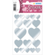 Silberne Herzaufkleber auf einem Bogen, verschiedene Größen und Formen, mit dem Schriftzug "Love Stickers" oben.