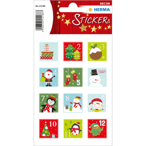 Weihnachtliche Aufkleber mit verschiedenen Motiven wie Geschenken, Weihnachtsbäumen, Schneemann und Santa Claus, nummeriert von 1 bis 12.