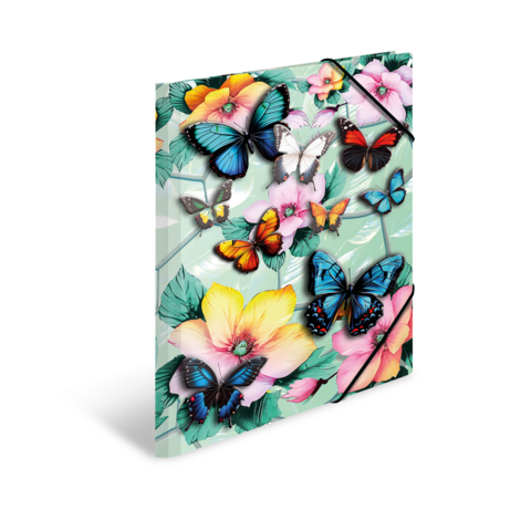 Colorful butterflies and flowers on a bright background, arranged harmoniously in various types and colors.