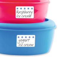 Storage containers labeled with freezer labels.