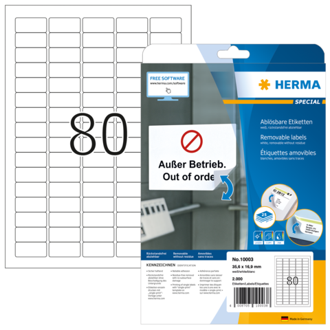 Packung mit ablösbaren Etiketten, beschriftet mit "Außer Betrieb" und der Nummer 80, für vielseitige Anwendungen.
