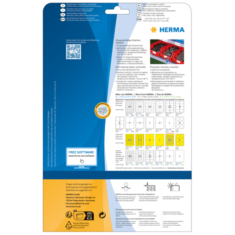 Rückseite einer Verpackung mit Informationen zu HERMA Produkten, QR-Code und Hinweisen zur kostenlosen Software.