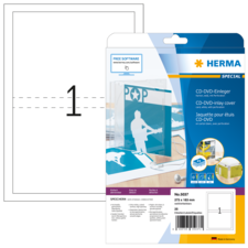 CD-DVD-Einleger von Herma, Packung mit 25 Stück, für die Gestaltung von CD-DVD-Covern, inklusive Softwarehinweis.