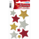 Glitzernde Sternaufkleber in verschiedenen Farben: rot, gold, silber und blau, auf einem Bogen mit insgesamt zehn Stickern.