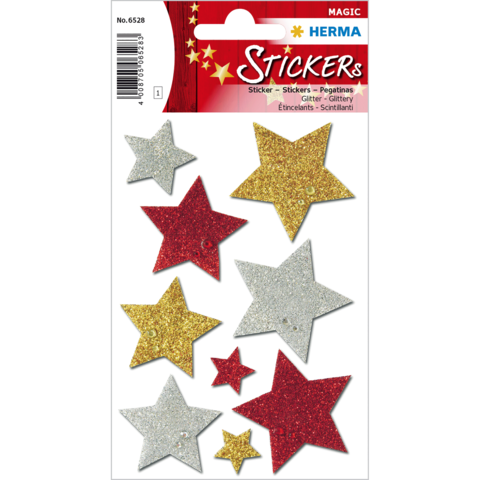 Glitzernde Sternaufkleber in verschiedenen Farben: rot, gold, silber und blau, auf einem Bogen mit insgesamt zehn Stickern.