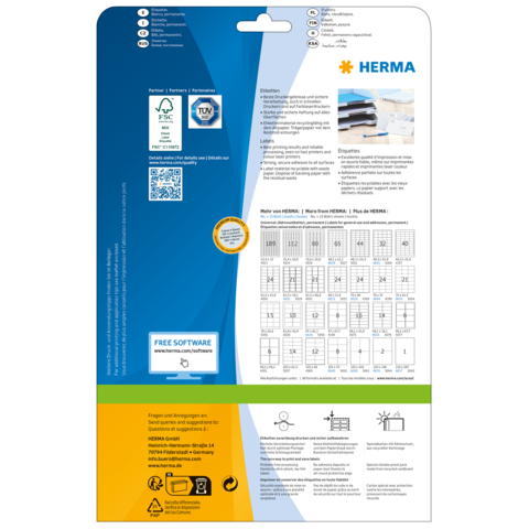 Rückseite einer Verpackung von HERMA mit Informationen zu Produkten, QR-Code und Hinweisen zur kostenlosen Software.