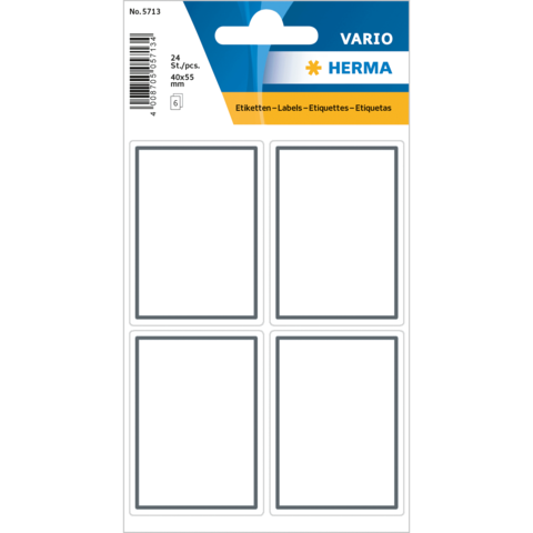 Packung mit 24 leeren Etiketten in vier rechteckigen Feldern, Größe 40x55 mm, von der Marke Herma.