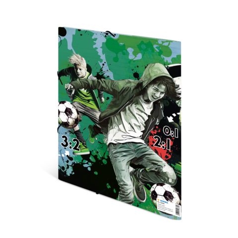 Zwei Kinder spielen Fußball, umgeben von bunten Grafiken. Auf dem Cover sind Spielstände 3:2, 0:1 und 2:1 abgebildet.