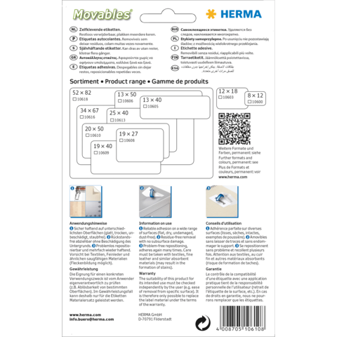 Produktverpackung mit verschiedenen Etikettengrößen und Anweisungen zur Verwendung. QR-Code und Website-Informationen sind ebenfalls enthalten.