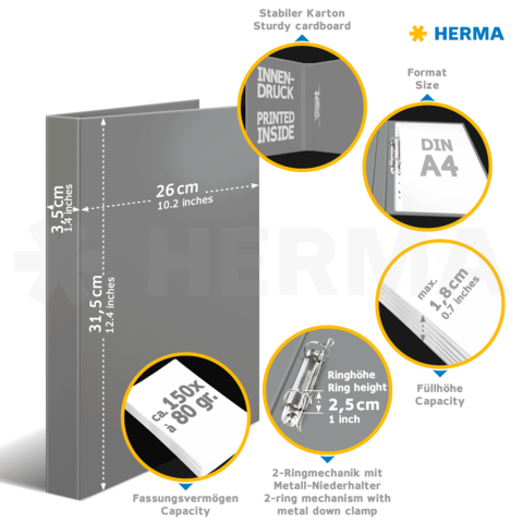 Stabiler Kartonordner mit DIN A4 Format, 2-Ringmechanik, Füllhöhe 2,5 cm, geeignet für 150 Blatt à 80 g/m².