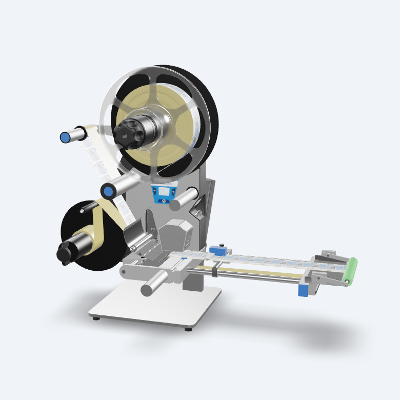 A labelling machine with rollers, a conveyor belt, and control elements for applying labels to products.