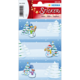 Weihnachtliche Aufkleber mit Schneemännern und Tannenbäumen auf einem blauen Hintergrund, dekoriert mit Schneeflocken.