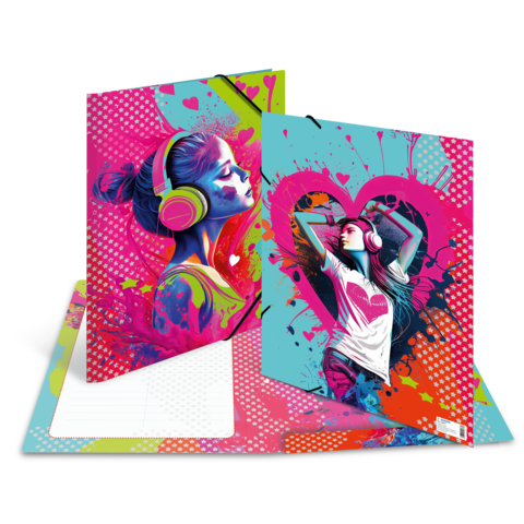 Zwei farbenfrohe Notizhefte mit stilisierten Frauen, die Kopfhörer tragen. Eine Frau blickt nachdenklich, die andere tanzt.