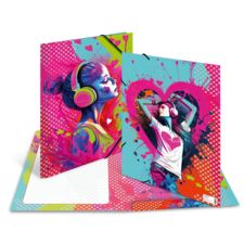 Zwei farbenfrohe Notizhefte mit stilisierten Frauen, die Kopfhörer tragen. Eine Frau blickt nachdenklich, die andere tanzt.