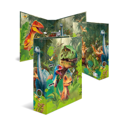 Bunte Ordner mit Dinosauriermotiven, darunter ein T-Rex und verschiedene andere Arten, umgeben von tropischen Pflanzen.