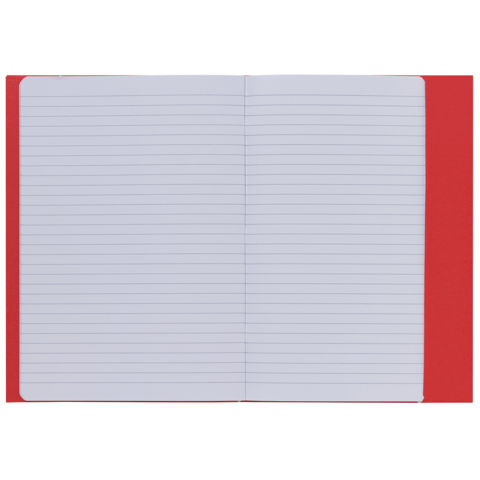 Ein offenes Notizbuch mit linierten Seiten und rotem Einband. Die Seiten sind leer und bereit zum Beschreiben.